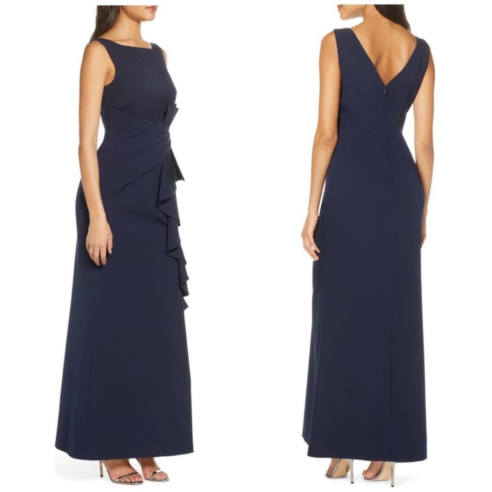 Eliza J Nordstrom Ruffle Front Gown Womens Size 6 Navy Blue Sleeveless - Picture 5 of 12